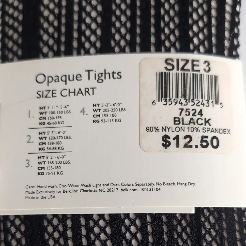 New Directions Monochrome Patterned Tights Black Fishnet Control Top Sz 3 large